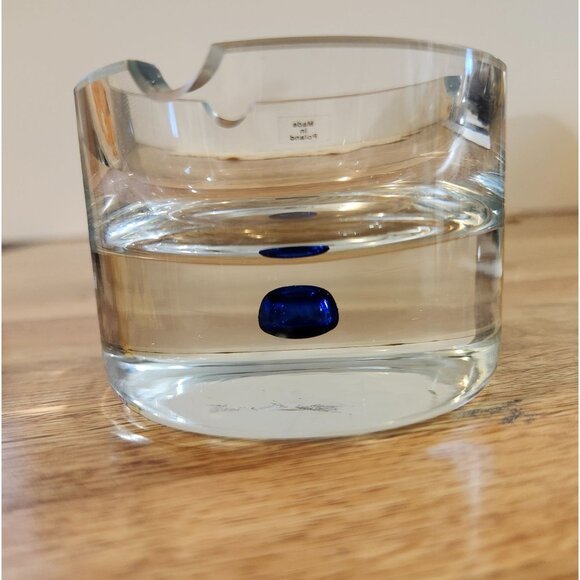 Art Glass Ashtray Controlled Cobalt Blue Bubble Heavyweight Krosnos Poland - Picture 1 of 12